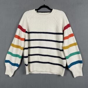 Joules Anna Sweater Womens Medium Cream Rainbow Stripe Knit Pullover Crewneck